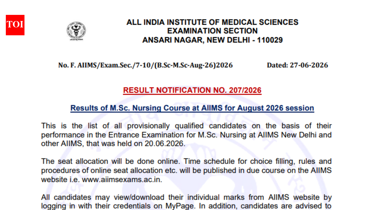 AIIMS MSc Nursing result 2026 out at aiimsexams.ac.in; 2,304 candidates qualify: Direct link to download here