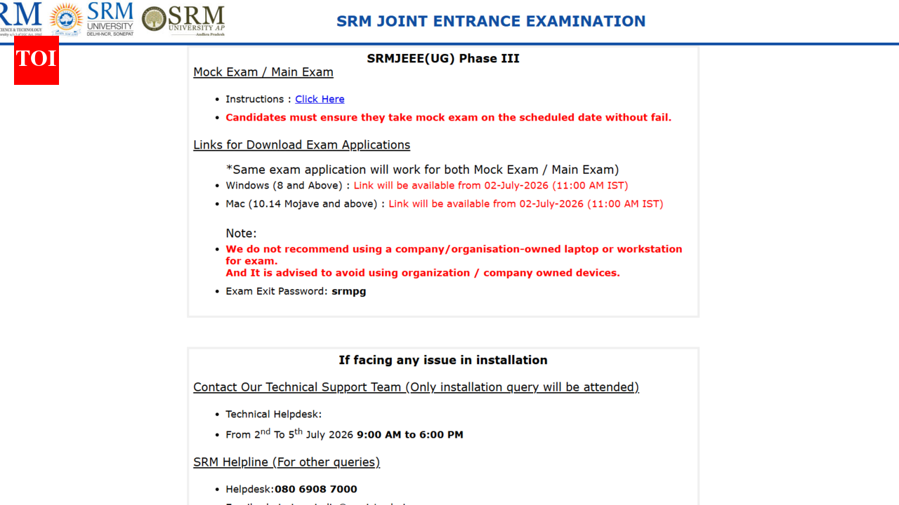 SRMJEEE 2026 Phase 3 admit card and slot booking from July 2; exam on July 4 and 5