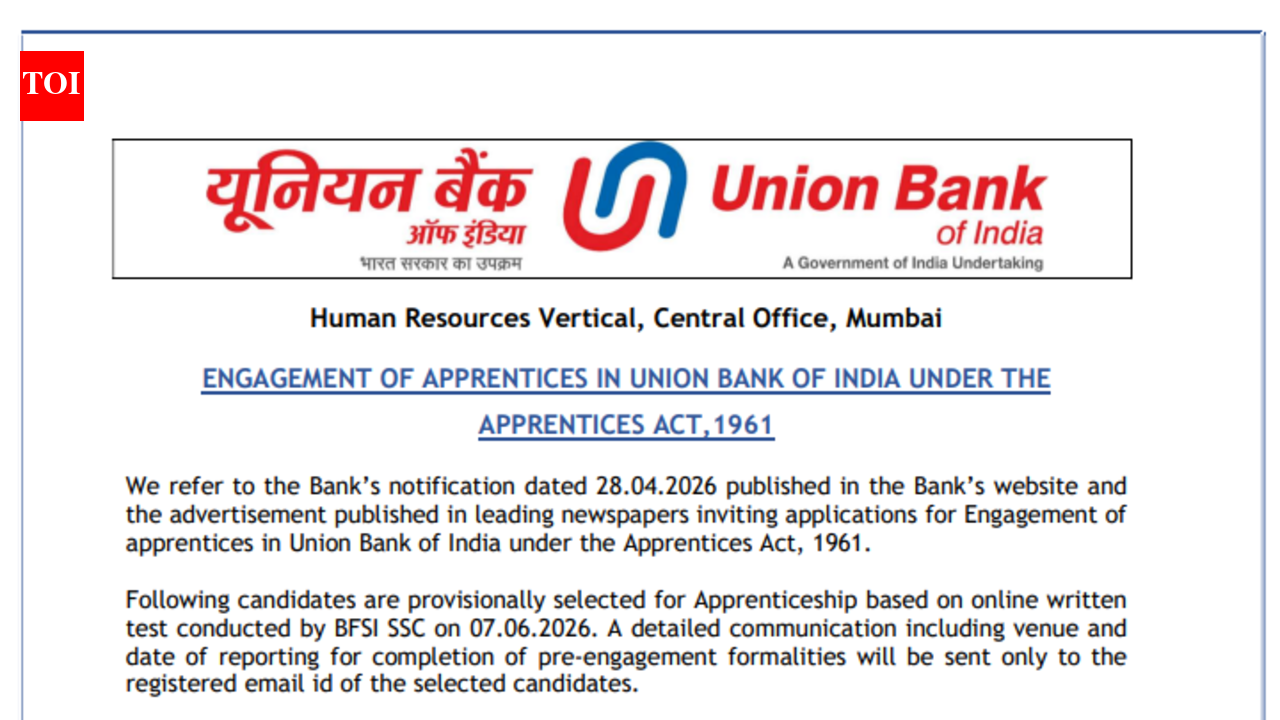 Union Bank of India Apprentice recruitment 2026 result out at unionbankofindia.bank.in; direct link to download PDF here