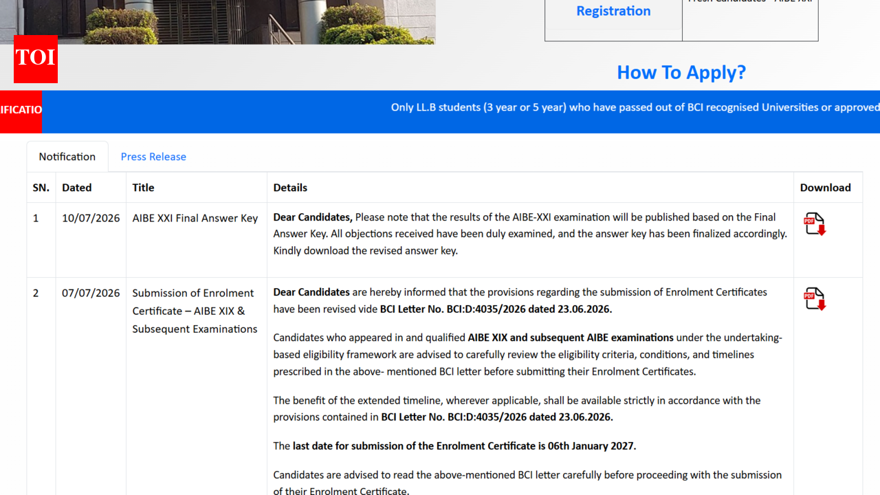 AIBE XXI result 2026 declared at allindiabarexamination.com: Direct link to download scorecards here