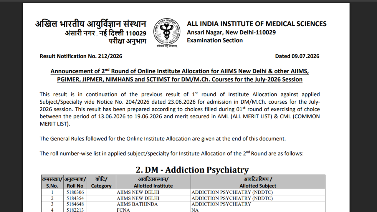 AIIMS INI SS round 2 seat allocation result 2026 released at aiimsexams.ac.in: Direct link to download scorecards here