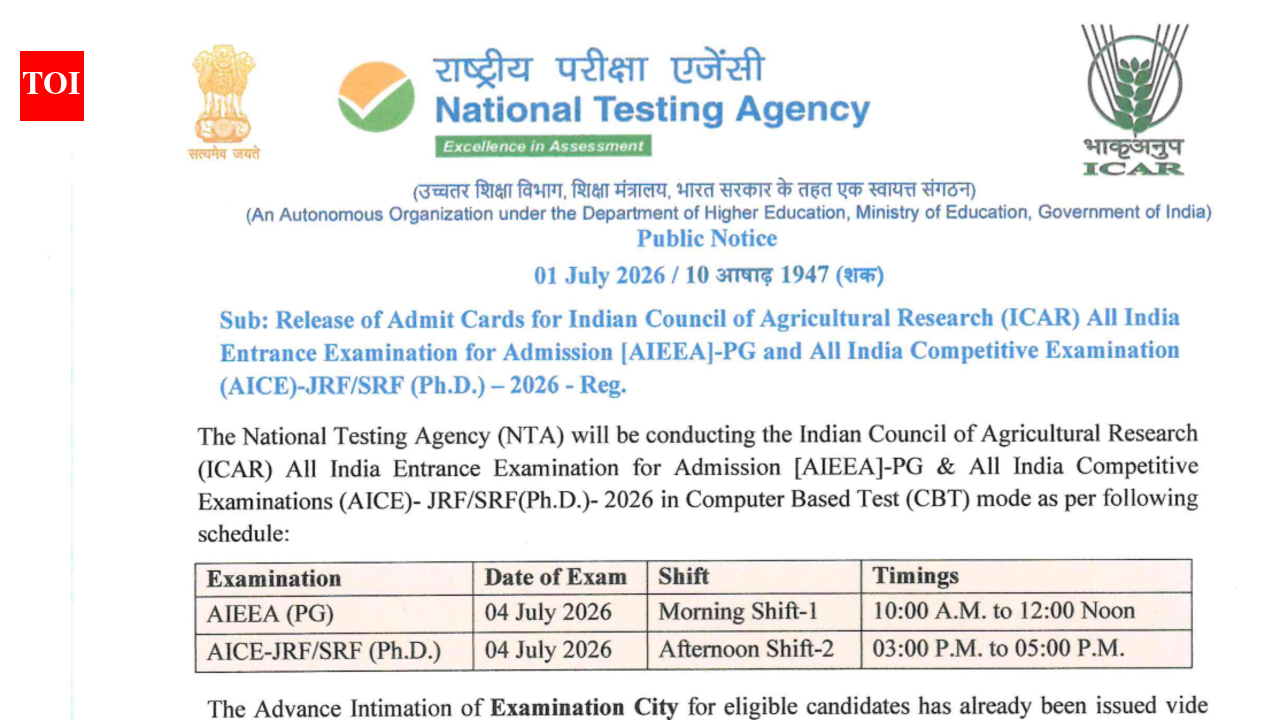 NTA releases ICAR AIEEA PG, PhD 2026 admit cards; exam on July 4: Direct link to download hall tickets here