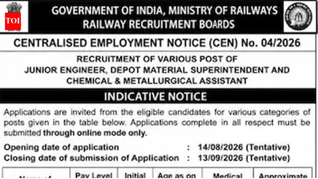 RRB JE Recruitment 2026 notification released for 4,098 technical posts with applications starting August 14; check details here