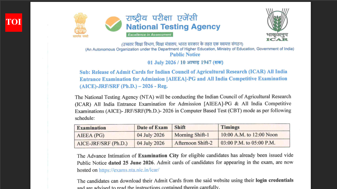 ICAR AIEEA PG, AICE-JRF/SRF (PhD) 2026 admit cards released at exams.nta.nic.in/icar: Direct link to download hall tickets