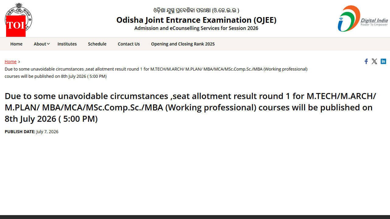 OJEE Counselling 2026 round 1 PG seat allotment result to be released today at 5 pm