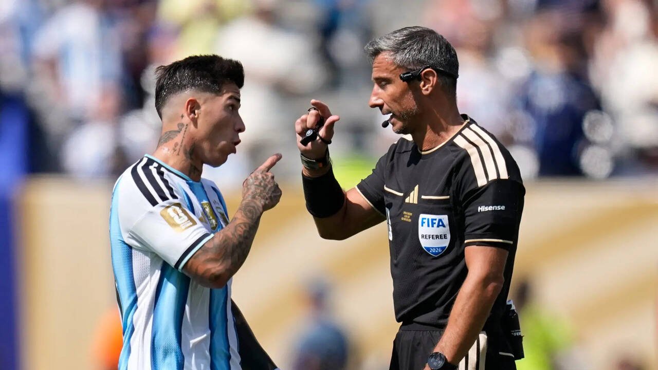 Enzo Fernandez reacts after red card in Argentina's World Cup final loss to Spain