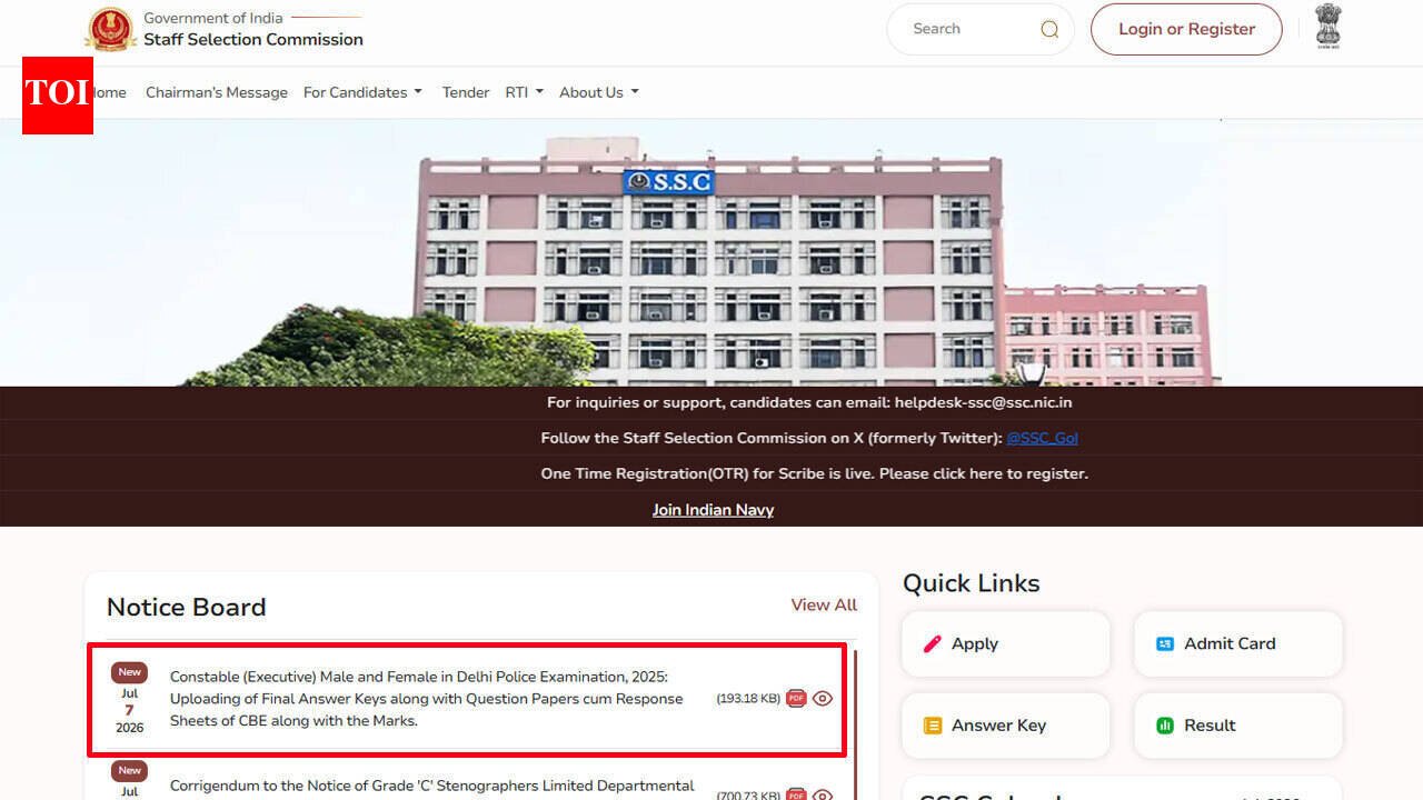 Delhi Police Constable Result 2026: SSC releases marks and final answer key after merit list announcement; download here