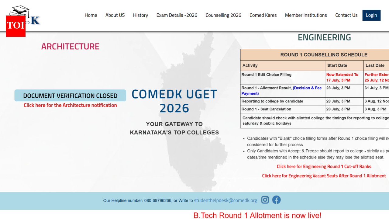 COMEDK UGET round 1 seat allotment 2026 out at comedk.org; direct link to download here