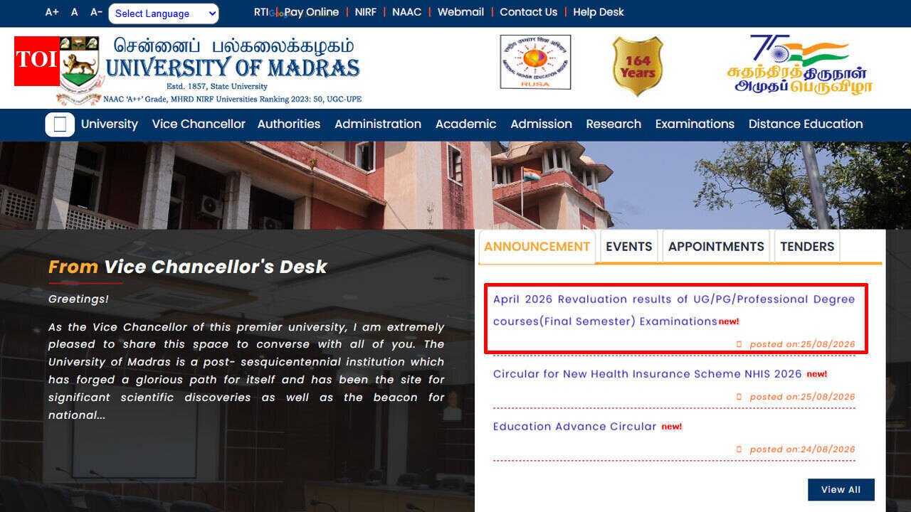UNOM Madras revaluation results 2026 out: Check April final semester marks using register number here