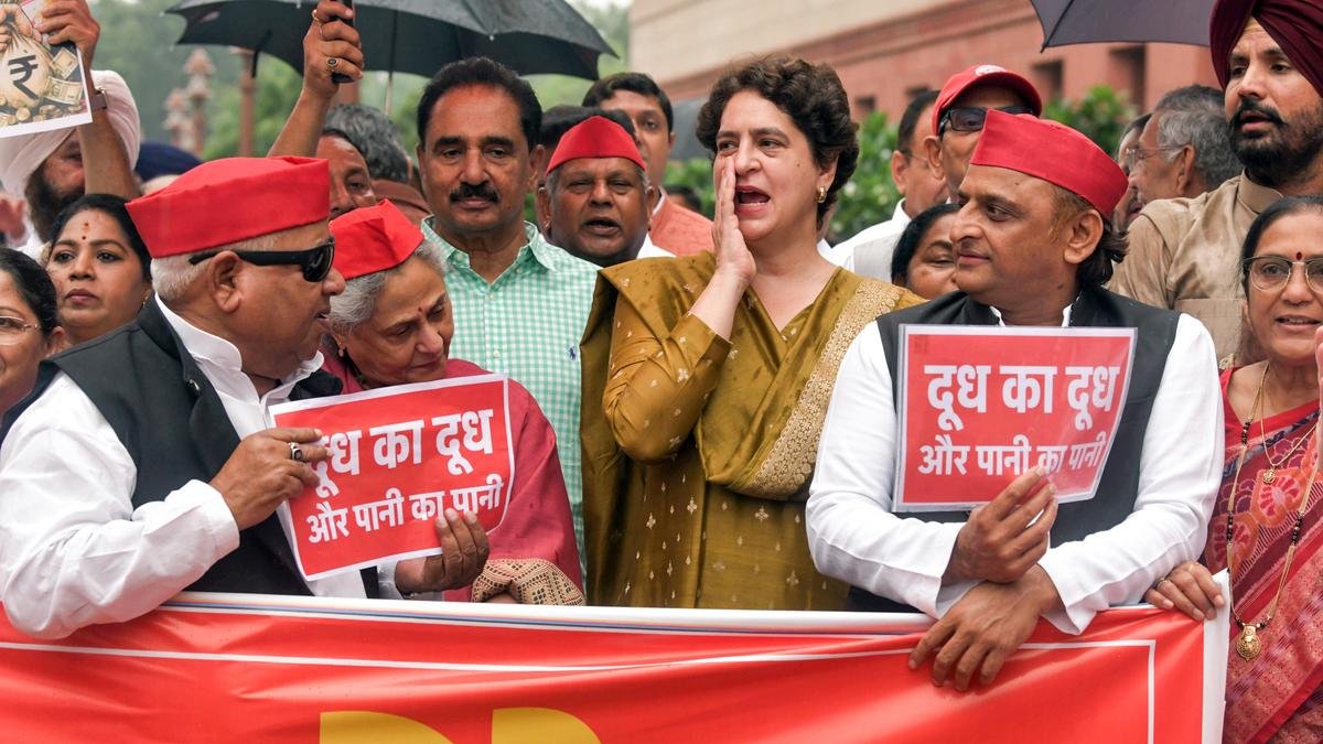 NDA, Opposition MPs take out protests in Parliament complex