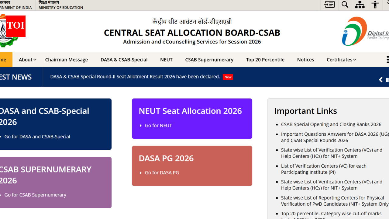 CSAB special round 2 seat allotment result 2026 released at csab.nic.in: Direct link to download here
