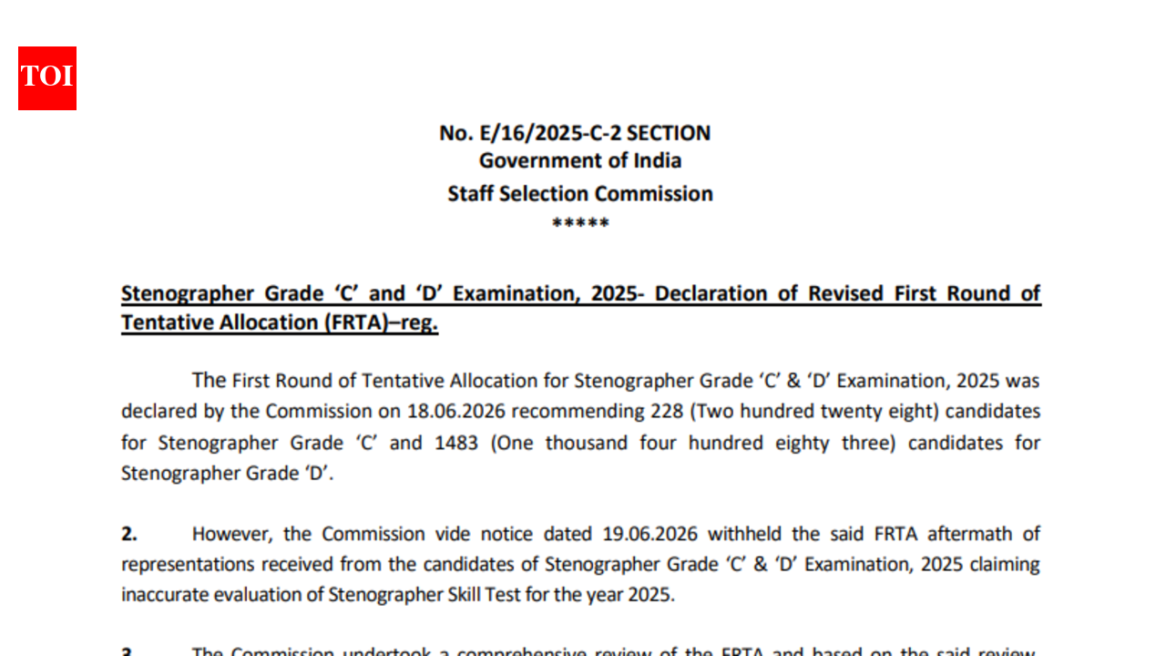 SSC releases revised first round tentative allocation list for Stenographer Grade C, D exam 2025