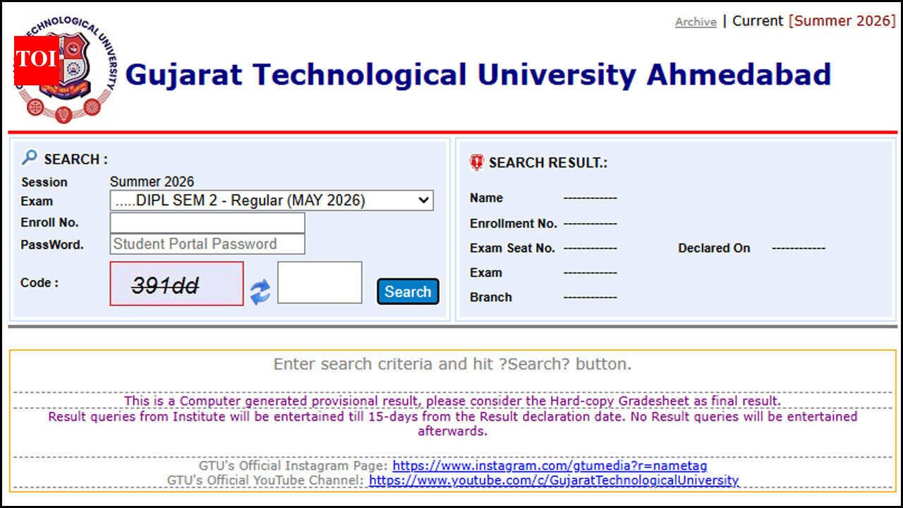 GTU Summer result 2026: Diploma Sem 2, BE Sem 3 results released, re-check deadline August 27