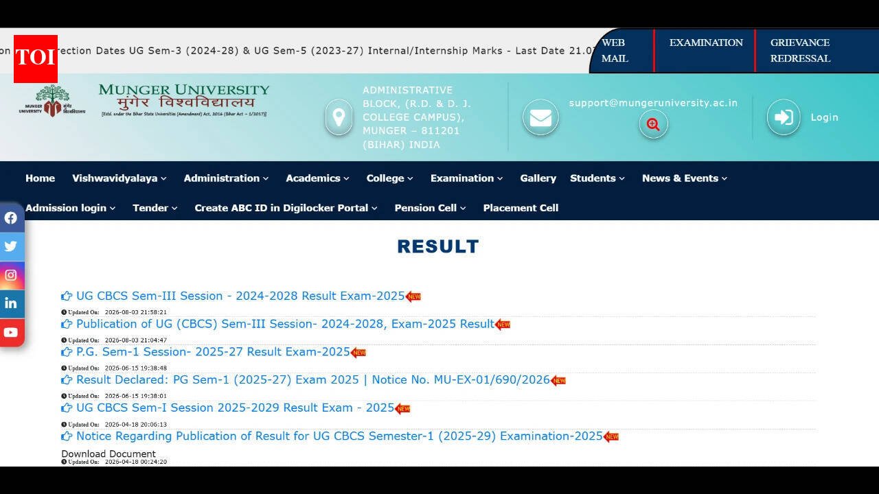Munger University UG Semester 3 result 2025 declared at mungeruniversity.ac.in: Direct link to download scorecards here