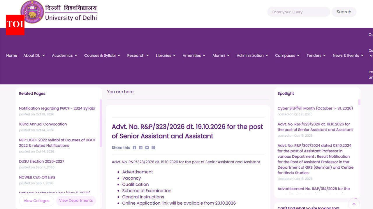 Delhi University Recruitment 2026: Applications open October 23 for 126 non-teaching posts