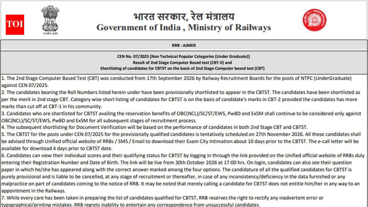 RRB NTPC UG CBT 2 Result 2026 declared for CEN 07/2025, check region-wise merit lists and cut-offs