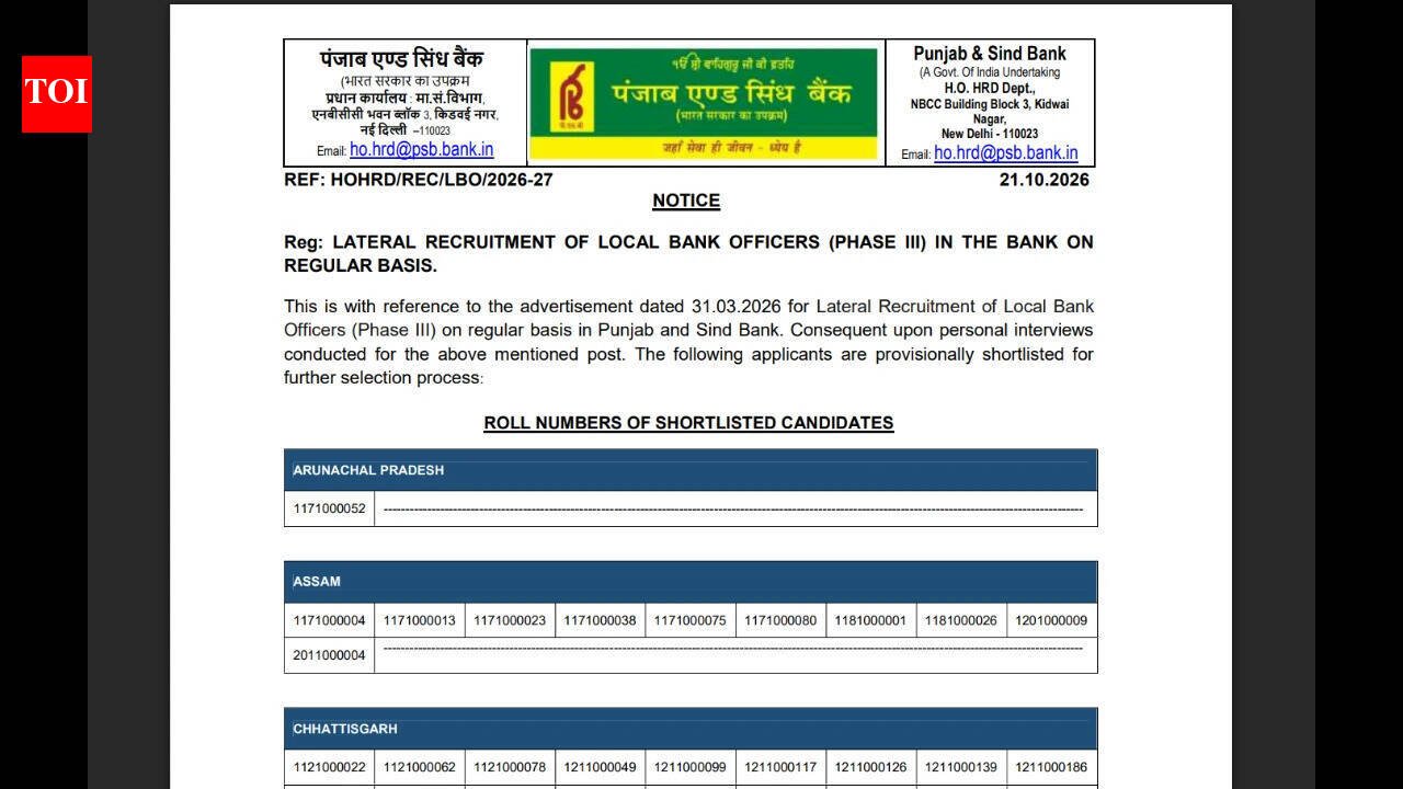 Punjab & Sind Bank LBO result 2026 declared; 587 candidates shortlisted for language test and document verification: Check details here