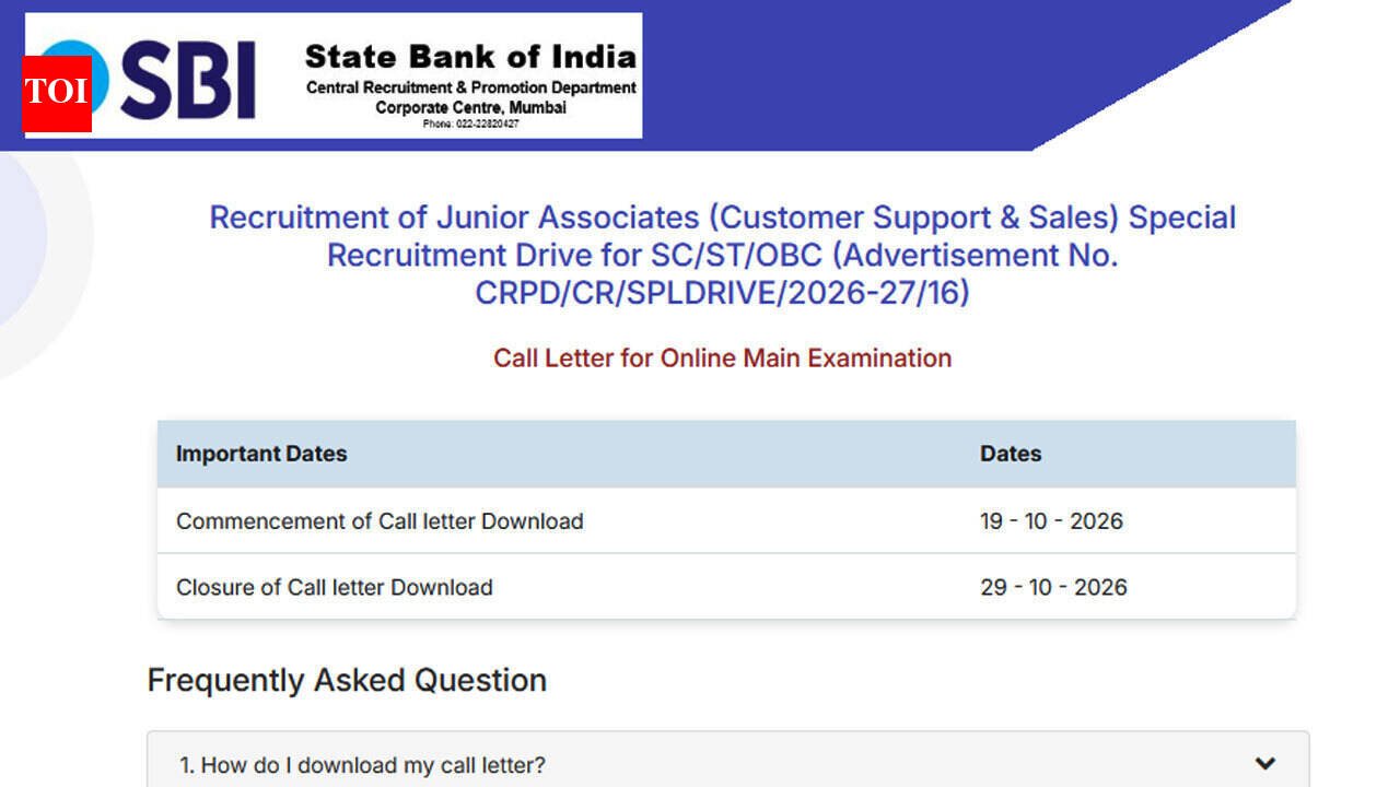 SBI Clerk Mains Admit Card 2026 released for 1,538 backlog posts, exam on October 29