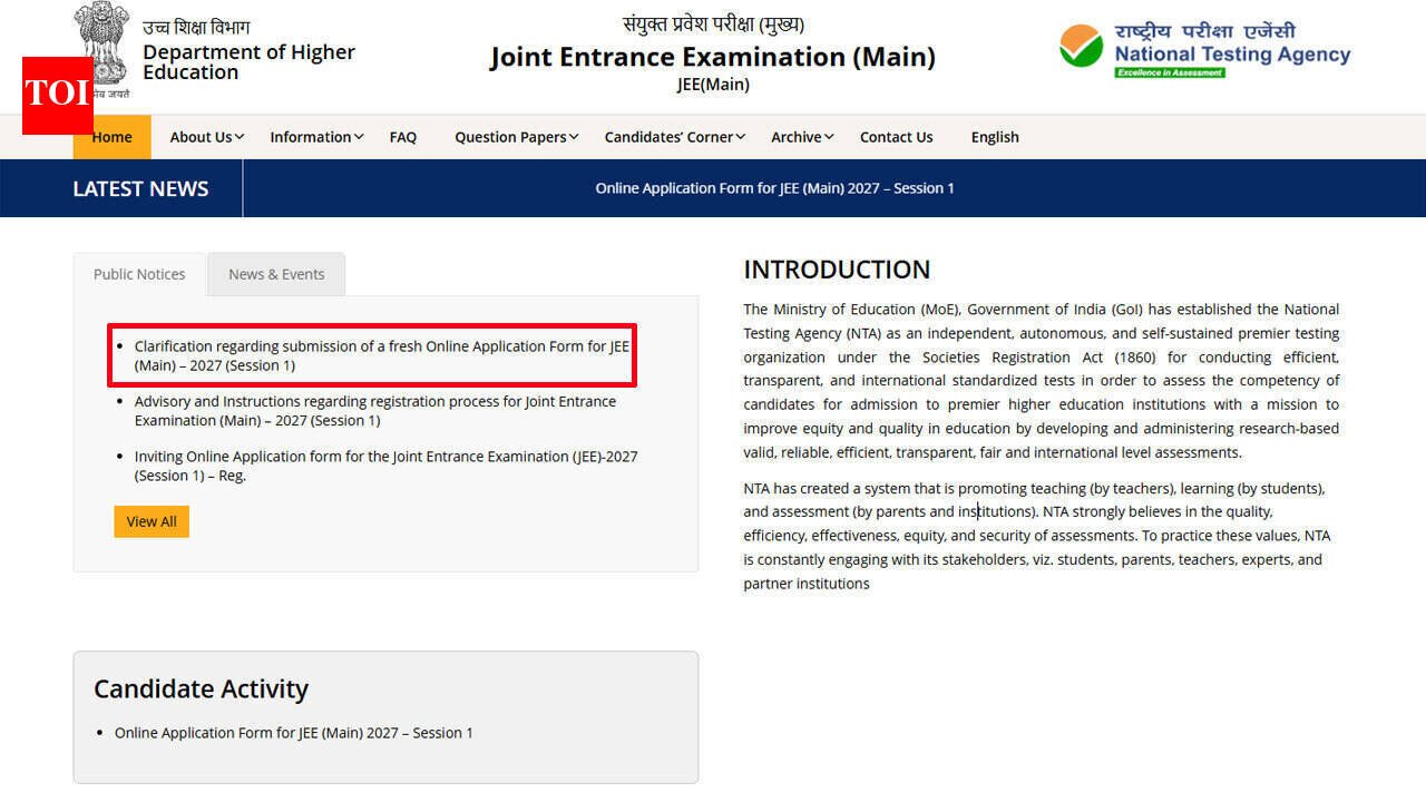 JEE Main 2027: Made a mistake in Session 1 application? NTA allows fresh forms, check deadline