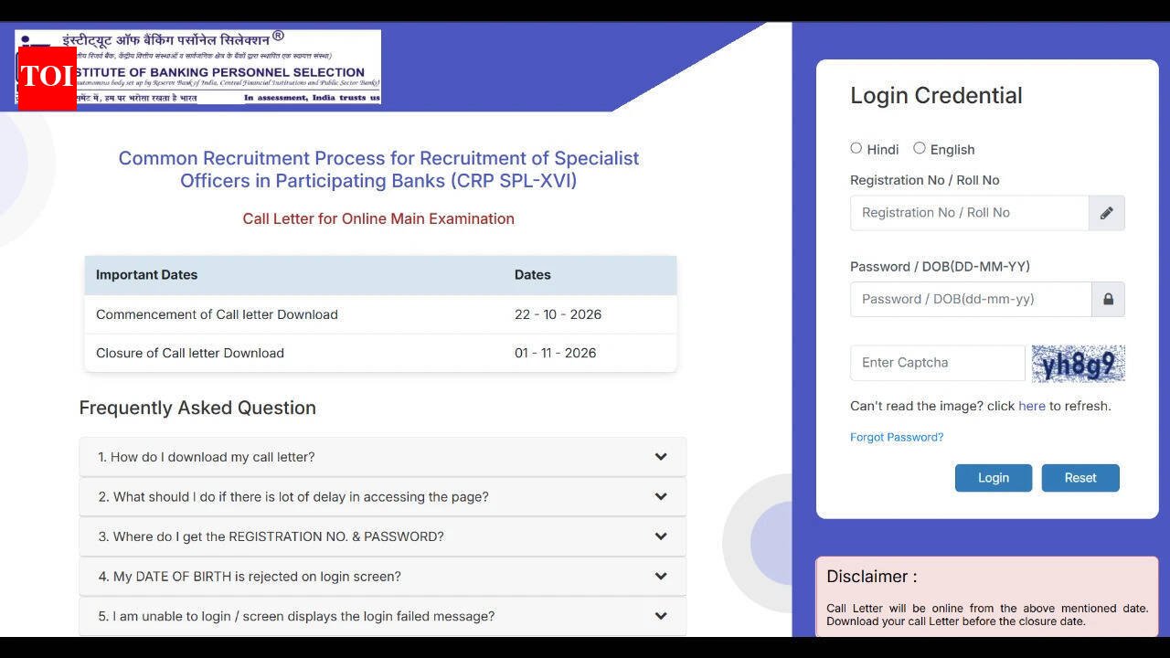 IBPS SO Mains admit card 2026 released at ibps.in for 1,035 Specialist Officer posts, exam on November 1: Check direct link to download hall tickets here